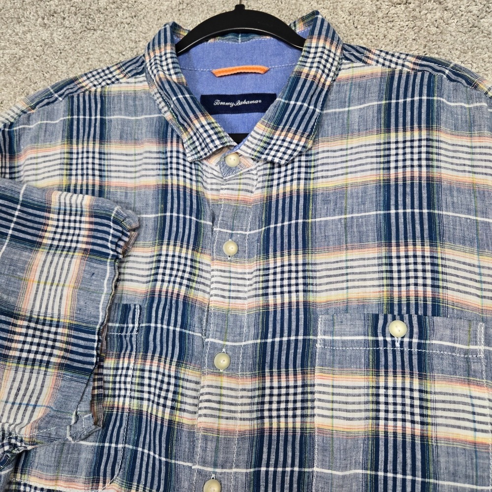 Tommy Bahama linen Shirt Mens 2XL Blue white orange yellow Plaid Button up S/S‎